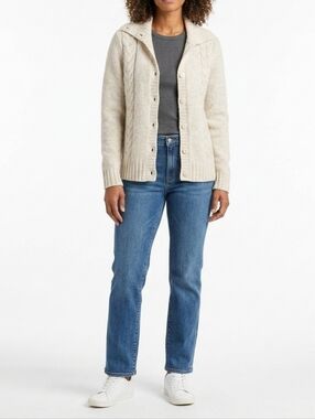 LL Bean Vintage Wool Blend Cable Knit Button Cardigan Cream Fisherman Cottage
